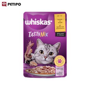 گربه بالغ طعم میکس بره و بوقلمون ویسکاس Whiskas Tasty Mix Lamb Turkey In Gravy Pouch وزن 85 گرم