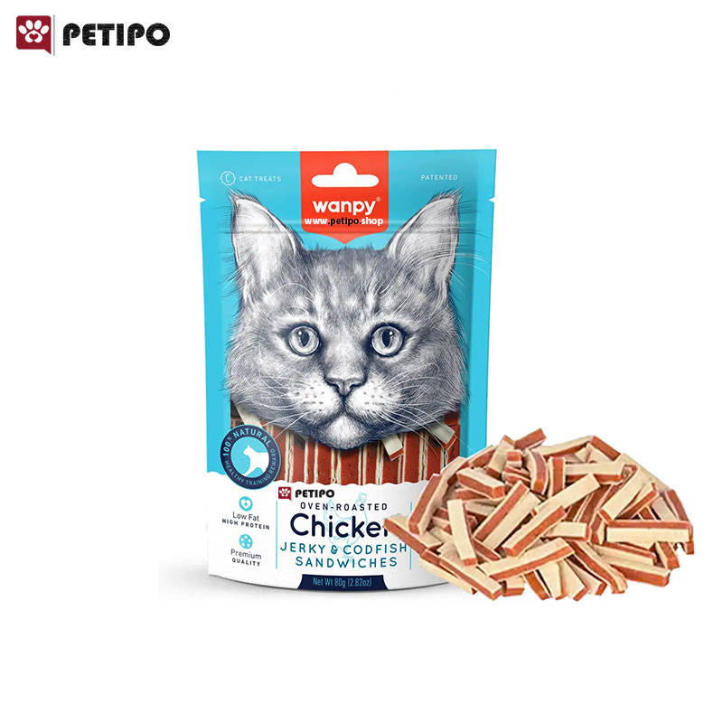 تشویقی ساندویچی گربه طعم مرغ و ماهی کاد ونپی Wanpy Chicken Jerky and Codfish Sandwiches for Cat Treats