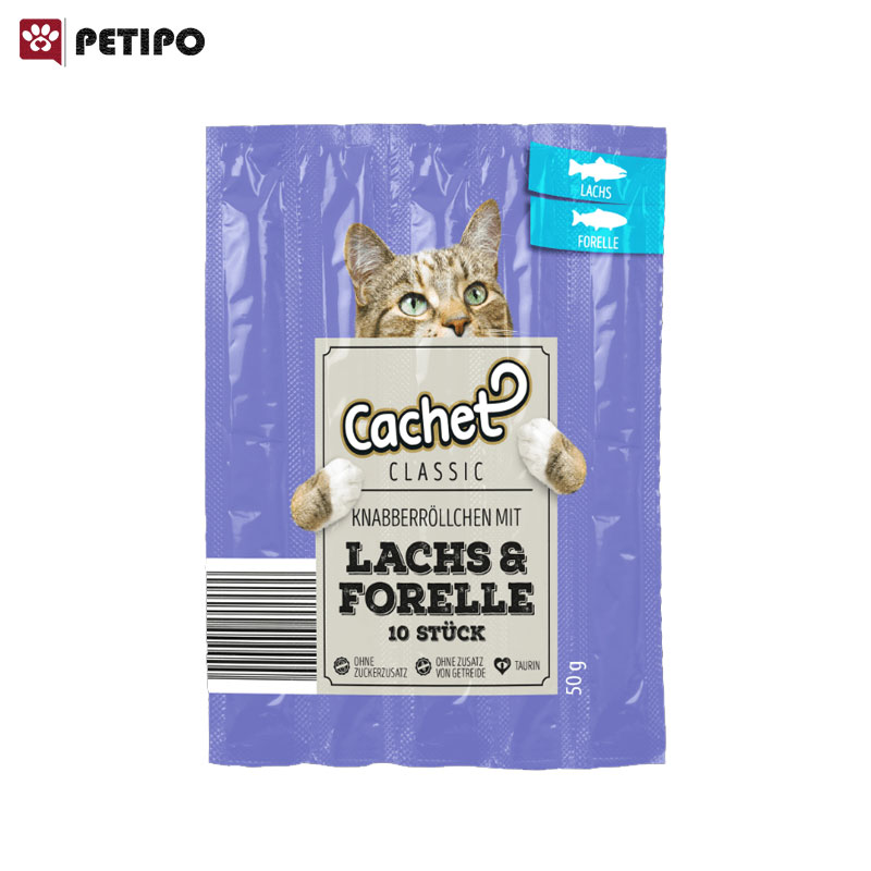 تشویقی مدادی گربه طعم ماهی سالمون و قزل آلا Cachet Salmon and Forelle بسته 5 عددی