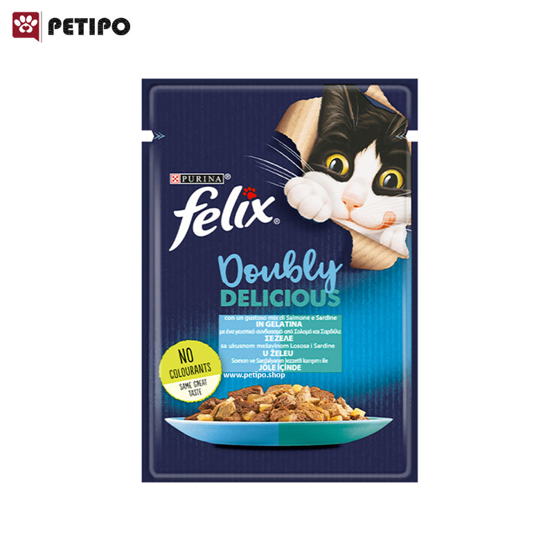 پوچ گربه با طعم میکس سالمون و ساردین فلیکس Felix Pouch Salmon and sardines In Jelly وزن 85 گرم
